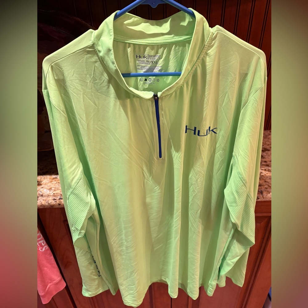 Huk Bright Green 1/4 zip Performance Pullover. Neon green with logos front/back - Picture 3 of 6